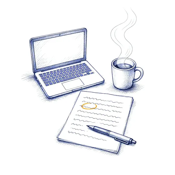 A pen sketch of an owner's desk: a hand circles one line on a quote in ochre, then software on the laptop works through tasks