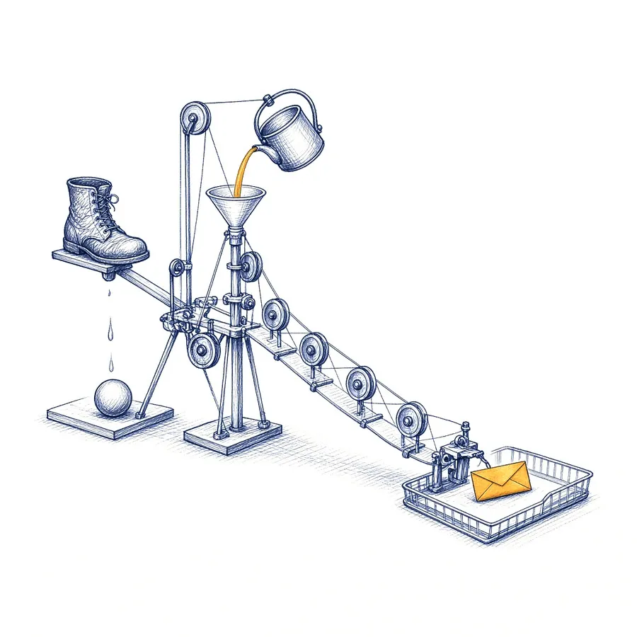 A pen sketch of an over-complicated contraption of pulleys, a boot and a kettle, built just to push one envelope into a tray