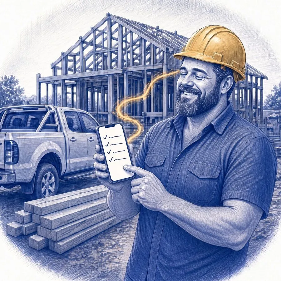A pen sketch of the builder in his ochre hard hat on a building site in daylight, smiling as he approves a short checklist on his phone in front of a timber house frame