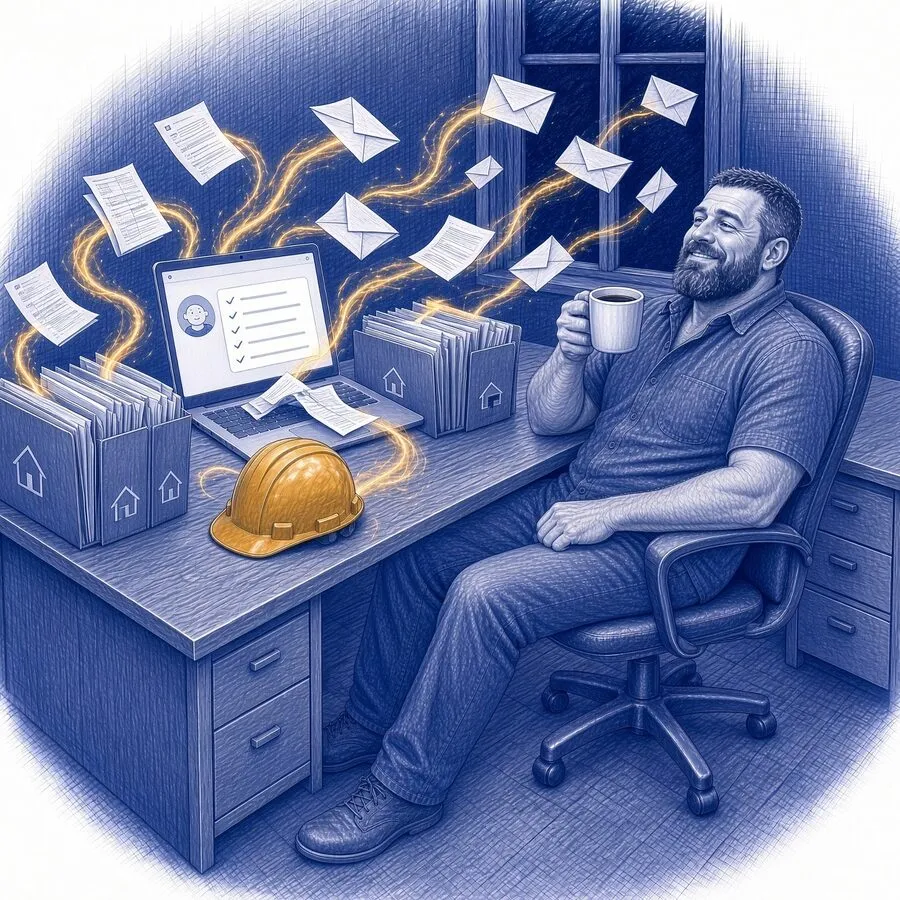 A pen sketch of the builder leaning back with a coffee while papers fly along ochre trails into job folders and envelopes fly out of the window, an assistant ticking off a checklist on his laptop