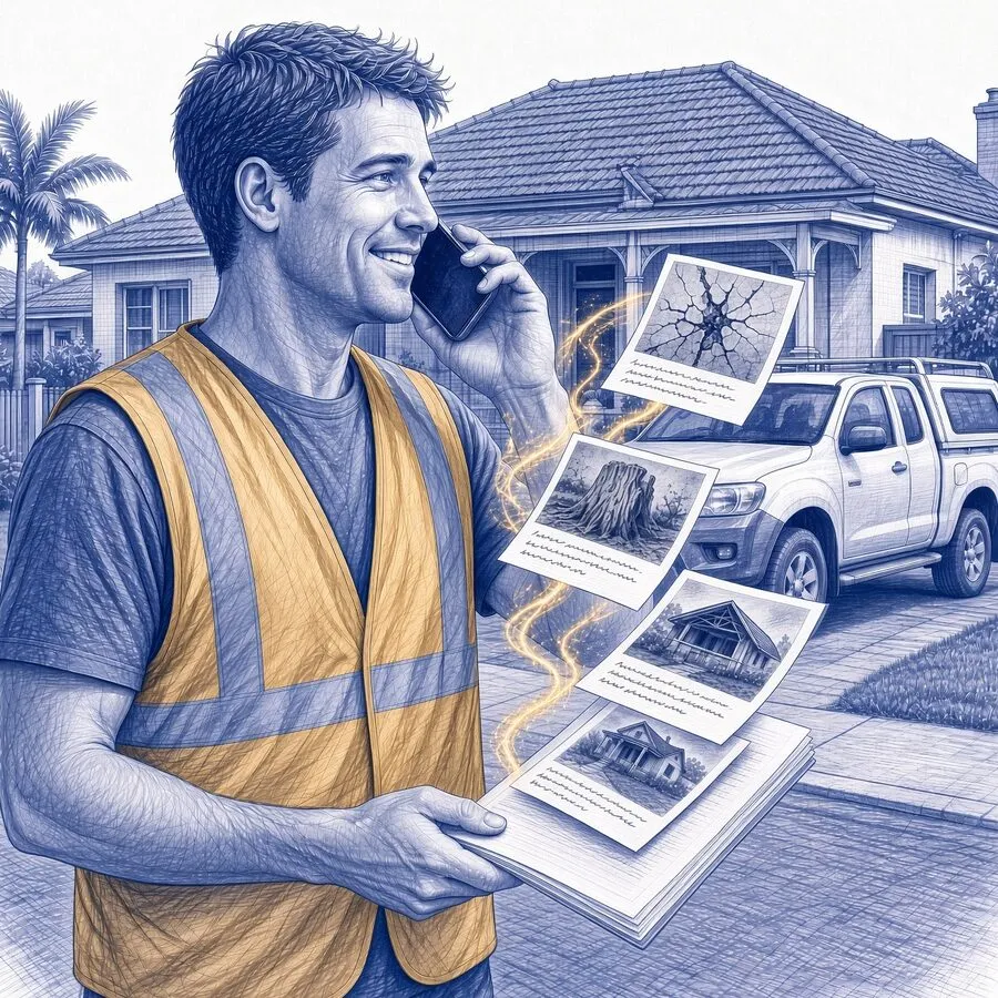 A pen sketch of the inspector in his ochre vest outside a house in daylight, smiling on the phone, while report pages assemble themselves along ochre trails into the bound report in his hand