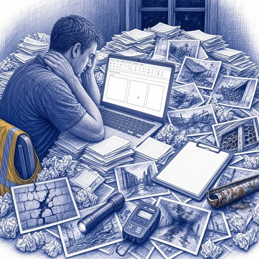 A pen sketch of a building inspector slumped at his kitchen table at night, a blank form template on his laptop, buried in towers of printed forms and inspection photos, his ochre safety vest on the chair