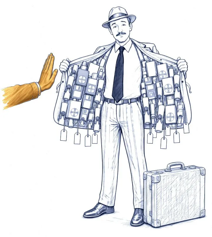 A pen sketch of a door-to-door salesman in a checked suit and fedora, holding his jacket open to show floppy disks, software boxes and licence certificates with price tags, while an ochre hand held up from the left tells him no