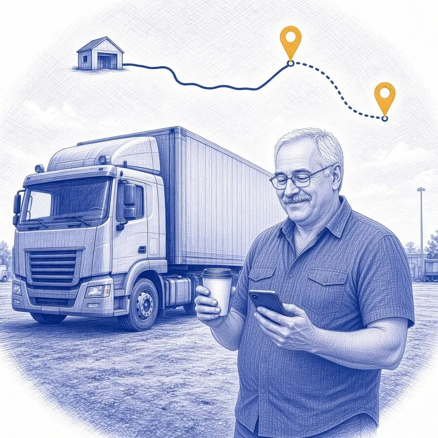 A pen sketch of the removalist smiling beside his truck in the depot yard with a coffee and his phone, a route map above him with ochre pins marking a job out and a backload job on the way home