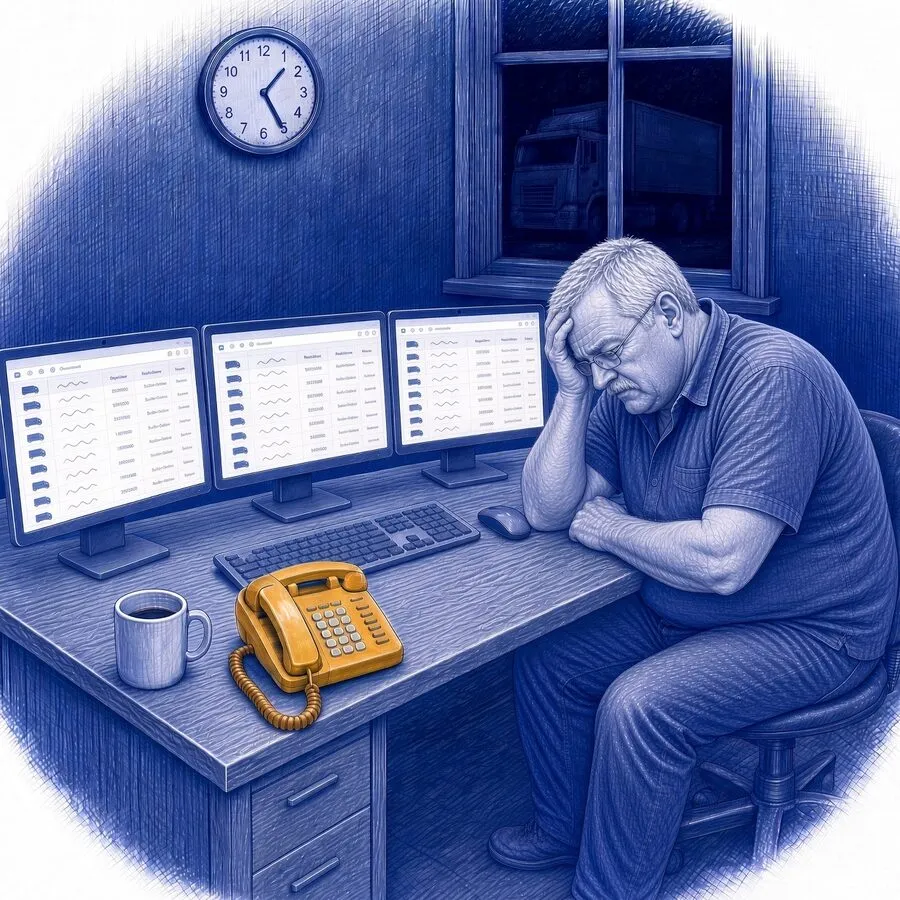 A pen sketch of an older removalist with grey hair and glasses at his desk before dawn, head in his hand, three desktop monitors full of job lists from three different tender portals, an ochre desk phone ringing and his truck parked outside the window