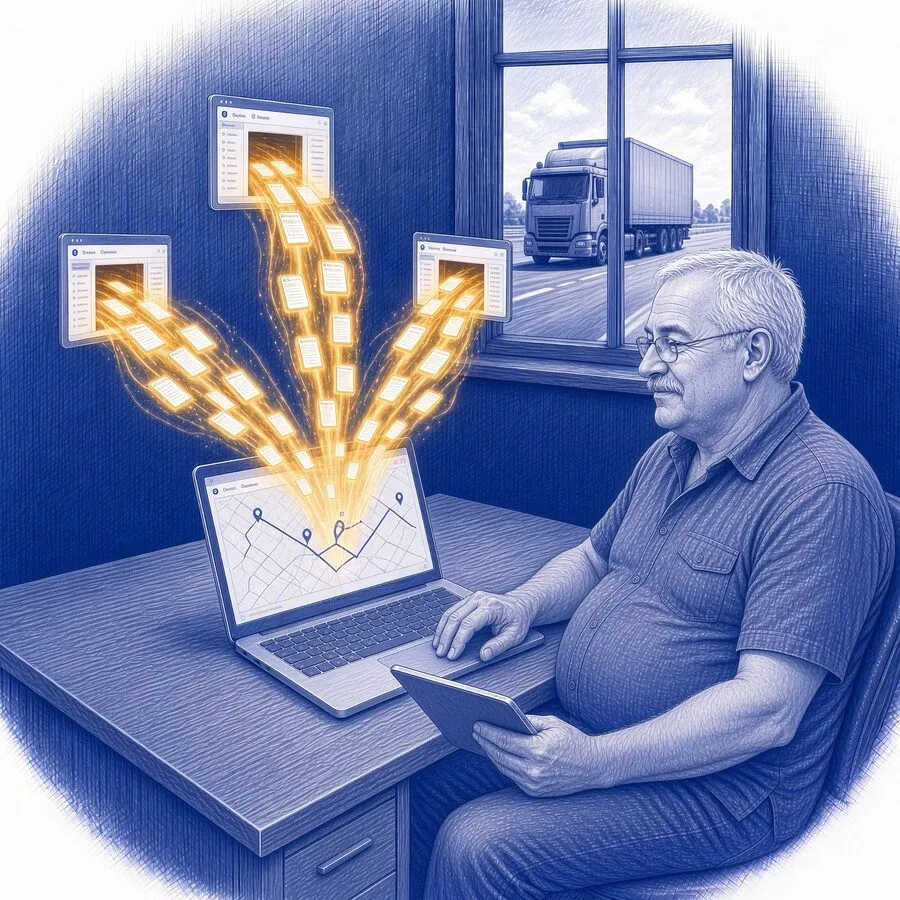 A pen sketch of the removalist relaxed at one laptop in daylight while tenders fly out of three portal windows along ochre trails into a single map on his screen, a truck on the highway outside