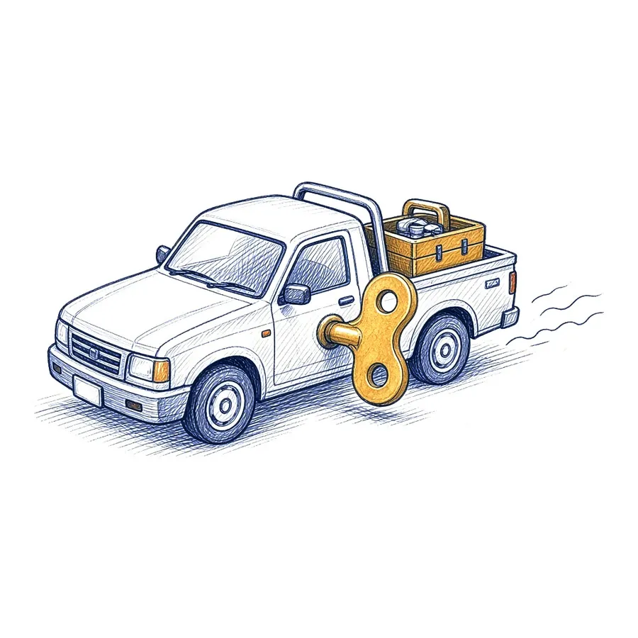 A pen sketch of a wind-up toy ute with a toolbox in the tray, already rolling along